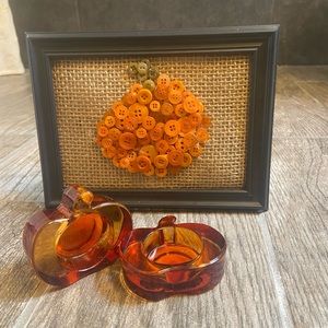 Fall -Handmade pumpkin frame and 2 pumpkin tea light holders